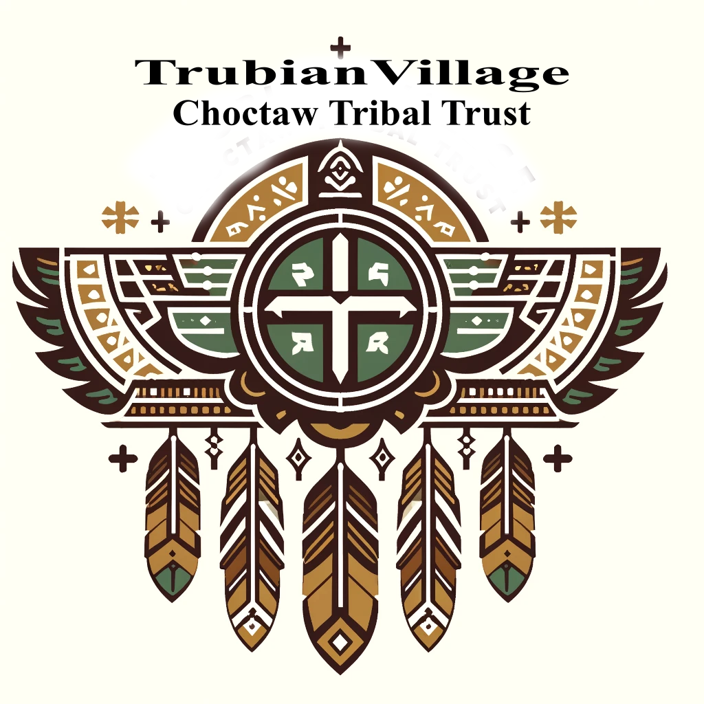 DALL·E 2024-05-31 20.46.38 - Create a logo for the Trubian Village Choctaw Tribal Trust. The logo should feature traditional Choctaw elements such as feathers, a shield, and a cen