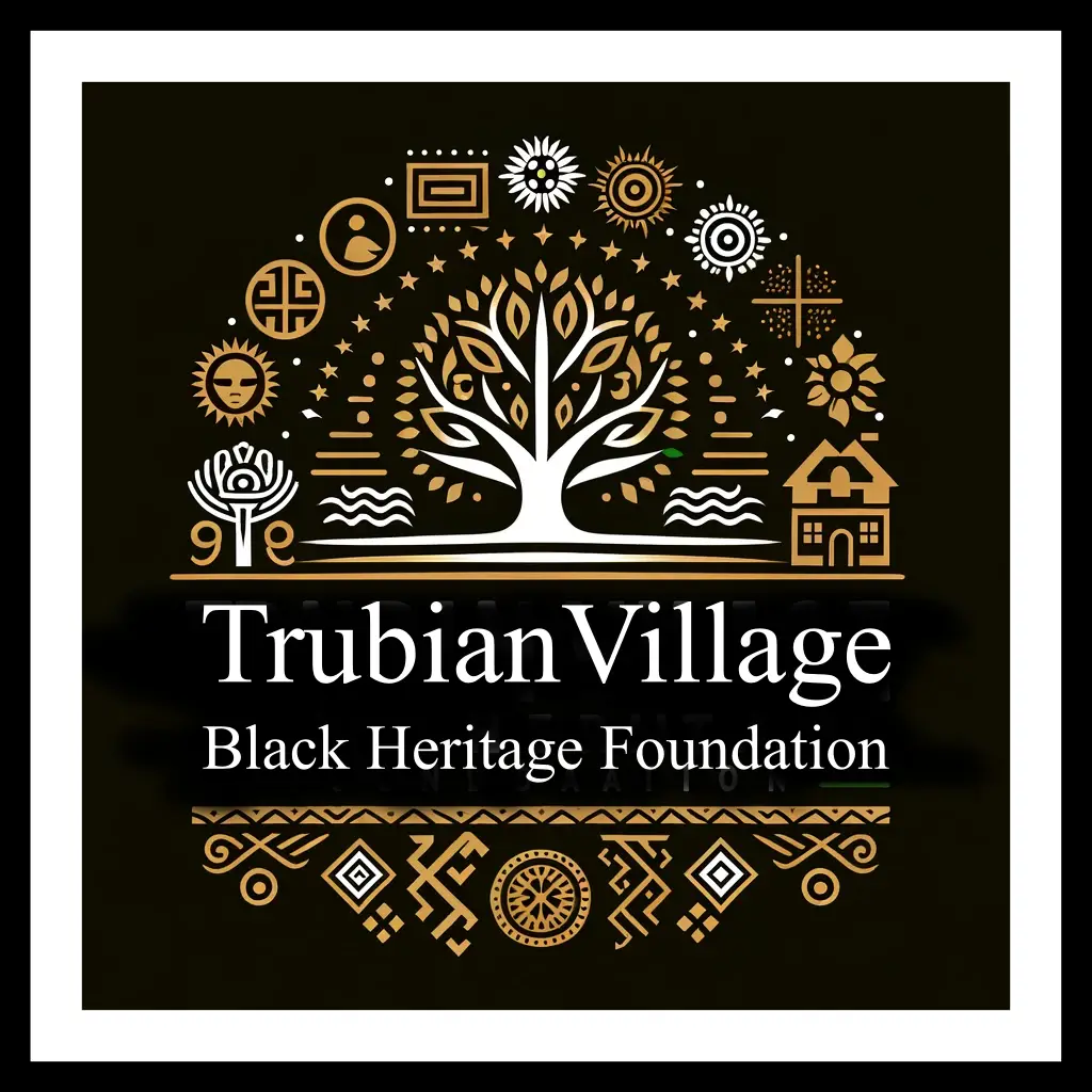 DALL·E 2024-05-31 20.55.30 - Design a logo for the Trubian Village Black Heritage Foundation. The logo should incorporate elements that symbolize heritage, unity, and strength. Us