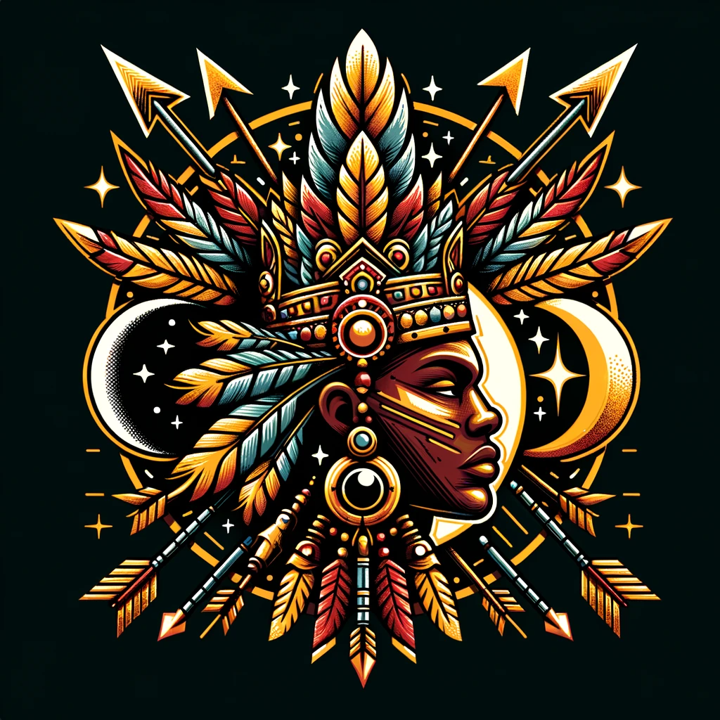 DALL·E 2024-01-20 18.45.15 - A detailed and complex logo featuring a stylized African head wearing a king's crown adorned with exotic feathers, accompanied by seven arrows, the mo