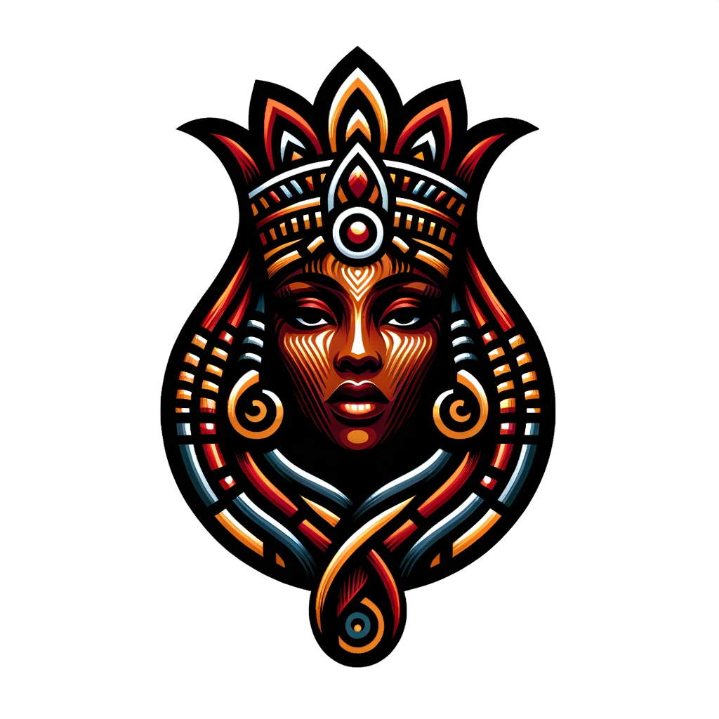 DALL·E 2024-01-20 21.26.45 - A vibrant and detailed logo featuring a stylized African woman's head with a Chieftess Crown and two long braids down both sides of her face. The desi