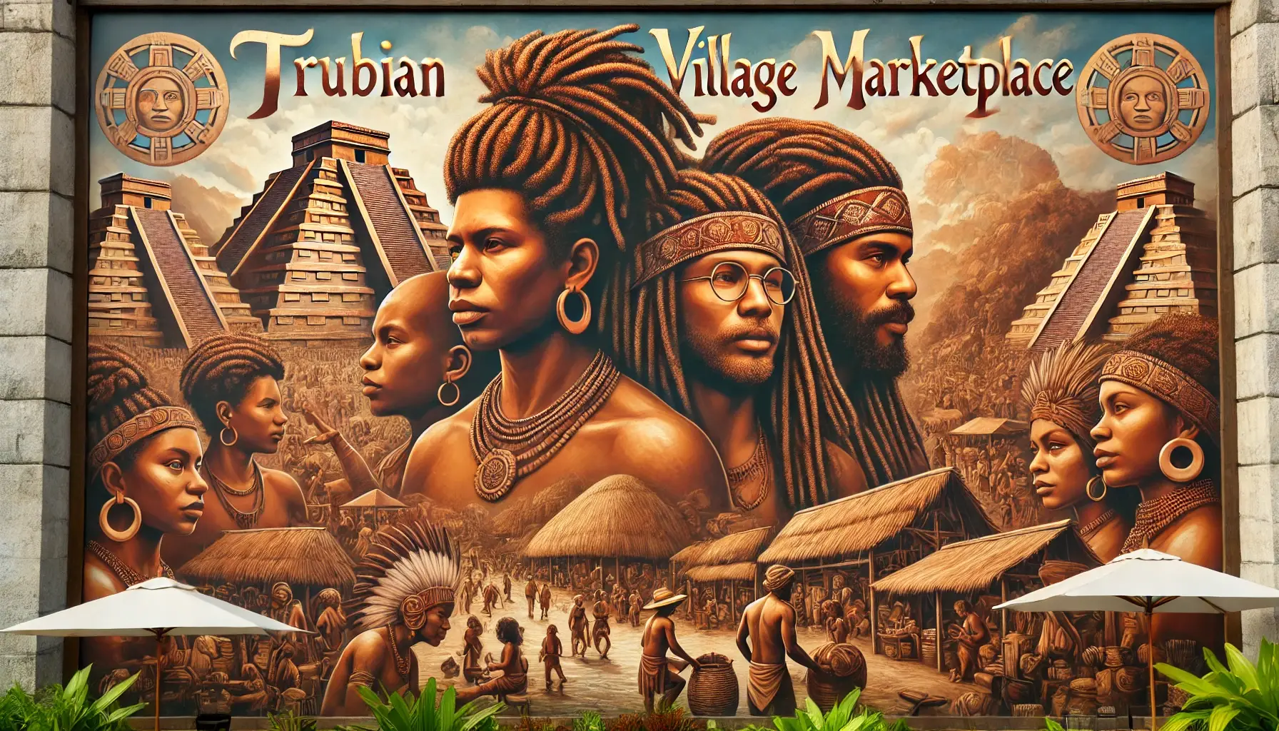 DALL·E 2024-09-25 15.33.16 - A highly realistic Trubian Village Marketplace banner mural featuring Afro-American Indian figures with dreadlock hairstyles. The mural includes coppe